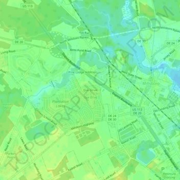 Mapa topográfico Oak Drive, altitud, relieve