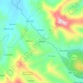 Mapa topográfico Xocotitla, altitud, relieve