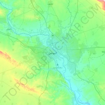 Mapa topográfico Mosul, altitud, relieve