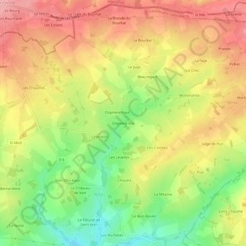 Mapa topográfico Etignière-Bas, altitud, relieve
