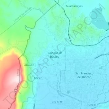 Mapa topográfico Purísima de Bustos, altitud, relieve