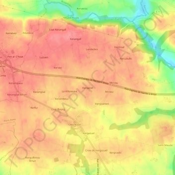 Mapa topográfico Kerganet, altitud, relieve