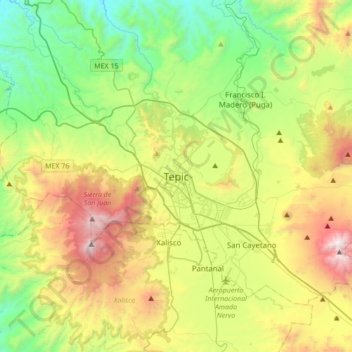 Mapa topográfico Tepic, altitud, relieve