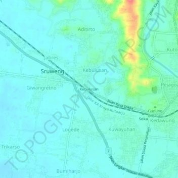 Mapa topográfico Kebulusan, altitud, relieve