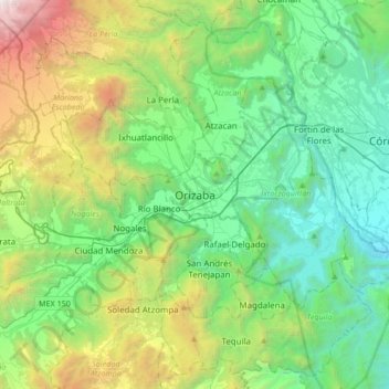 Mapa topográfico Orizaba, altitud, relieve
