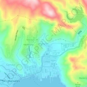 Mapa topográfico Maligaya, altitud, relieve
