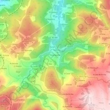 Mapa topográfico Trasanquelos, altitud, relieve