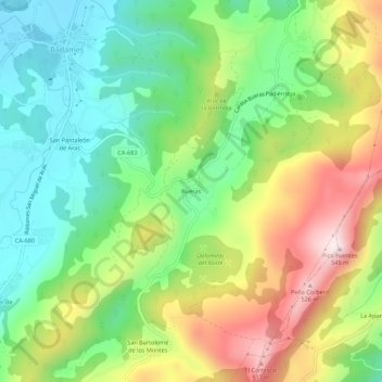 Mapa topográfico Bueras, altitud, relieve