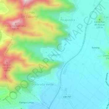 Mapa topográfico Guayabo, altitud, relieve