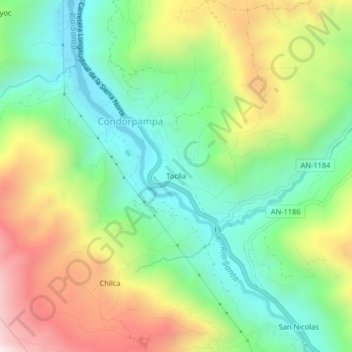 Mapa topográfico Toclla, altitud, relieve