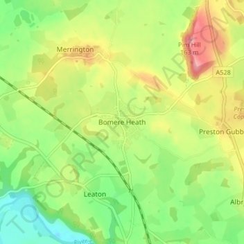 Mapa topográfico Bomere Heath, altitud, relieve