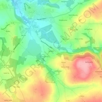 Mapa topográfico Kerever, altitud, relieve