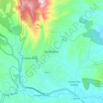 Mapa topográfico Santa Rosa, altitud, relieve