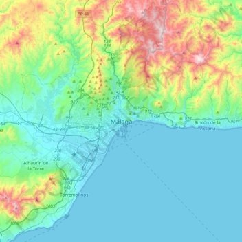 Mapa topográfico Málaga, altitud, relieve