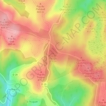Mapa topográfico Puy des Pouges, altitud, relieve