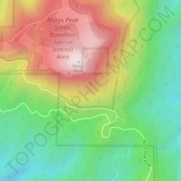 Mapa topográfico Coast Range, altitud, relieve
