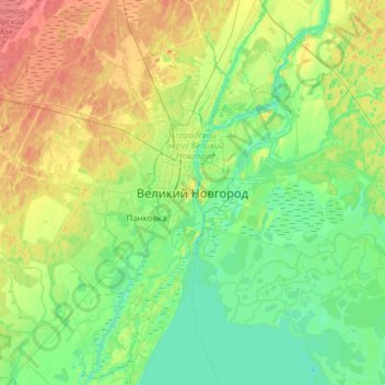 Mapa topográfico Veliky Novgorod, altitud, relieve