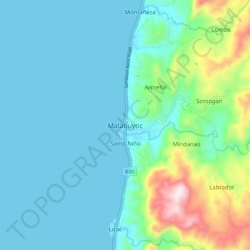 Mapa topográfico Malabuyoc, altitud, relieve