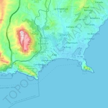 Mapa topográfico Calpe, altitud, relieve