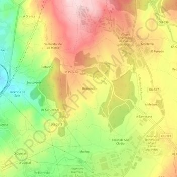 Mapa topográfico Belmonte, altitud, relieve