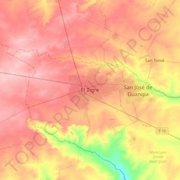 Mapa topográfico El Tigre, altitud, relieve