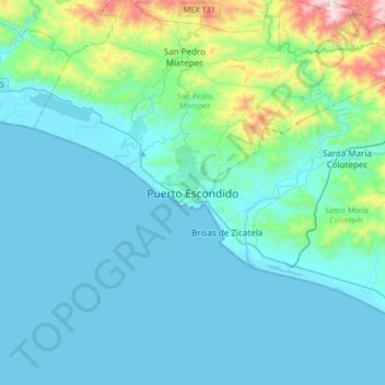 Mapa topográfico Puerto Escondido, altitud, relieve