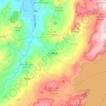 Mapa topográfico Cuítiva, altitud, relieve