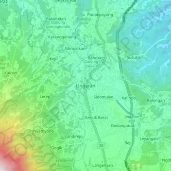 Mapa topográfico Ungaran, altitud, relieve