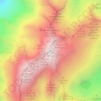 Mapa topográfico Posets, altitud, relieve