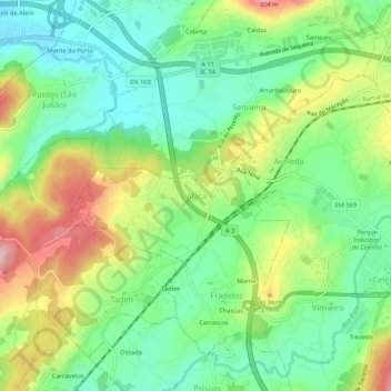 Mapa topográfico Vilaça, altitud, relieve