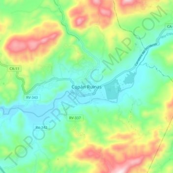 Mapa topográfico Copán Ruinas, altitud, relieve