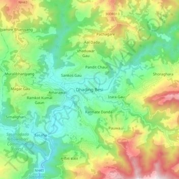 Mapa topográfico Dhading Besi, altitud, relieve