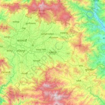 Mapa topográfico Bhaktapur, altitud, relieve