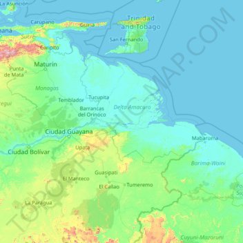 Mapa topográfico Delta Amacuro, altitud, relieve