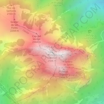 Mapa topográfico Pollegó Superior, altitud, relieve
