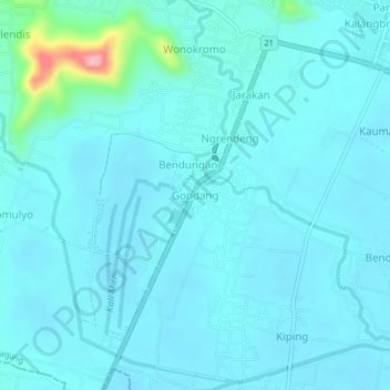 Mapa topográfico Gondang, altitud, relieve