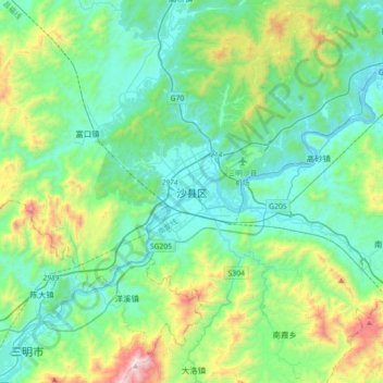 Mapa topográfico Sha, altitud, relieve