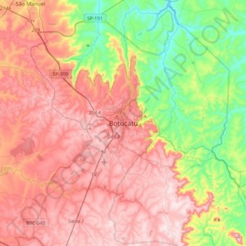 Mapa topográfico Botucatu, altitud, relieve