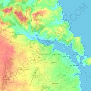 Mapa topográfico Mahón, altitud, relieve
