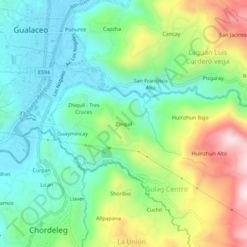 Mapa topográfico Zhiquil, altitud, relieve