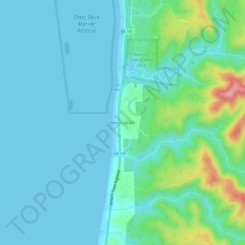 Mapa topográfico Beverly Beach, altitud, relieve