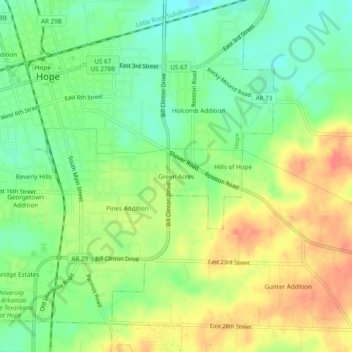 Mapa topográfico Green Acres, altitud, relieve