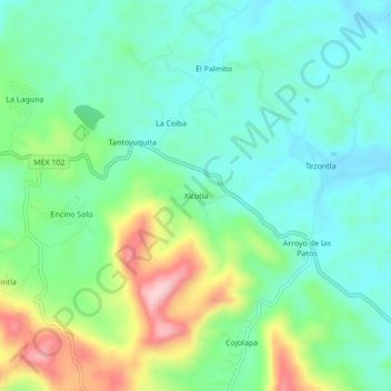 Mapa topográfico Xicotla, altitud, relieve