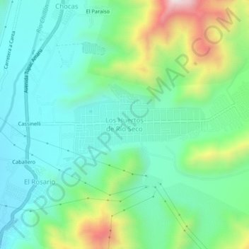 Mapa topográfico Los Huertos de Río Seco, altitud, relieve