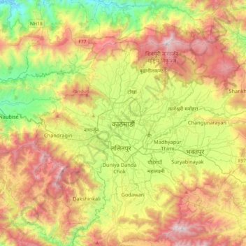 Mapa topográfico Katmandú, altitud, relieve