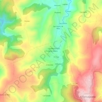 Mapa topográfico A Proba de Burón, altitud, relieve