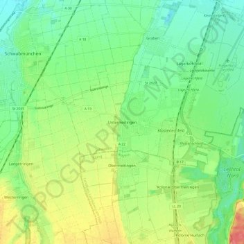 Mapa topográfico Untermeitingen, altitud, relieve