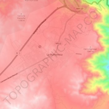 Mapa topográfico La Rumorosa, altitud, relieve