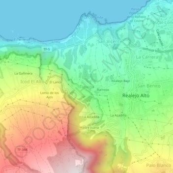 Mapa topográfico Tigaiga, altitud, relieve