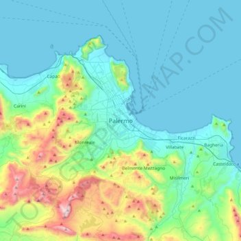 Mapa topográfico Palermo, altitud, relieve